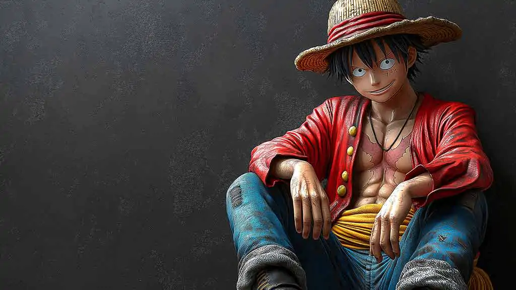 Fond d'écran 4k de Monkey D. Luffy en rendu 3D réaliste, assis de façon décontractée dans sa veste rouge emblématique et son chapeau de paille. Fond d'écran HD à télécharger gratuitement pour Pc et Mobile.