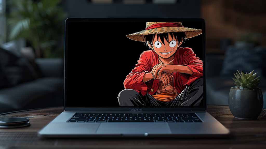 Monkey D. Luffy pose classique 4k avec chapeau de paille et veste rouge de l'anime One Piece en fond d'écran HD gratuit pour pc & mobile et iphone