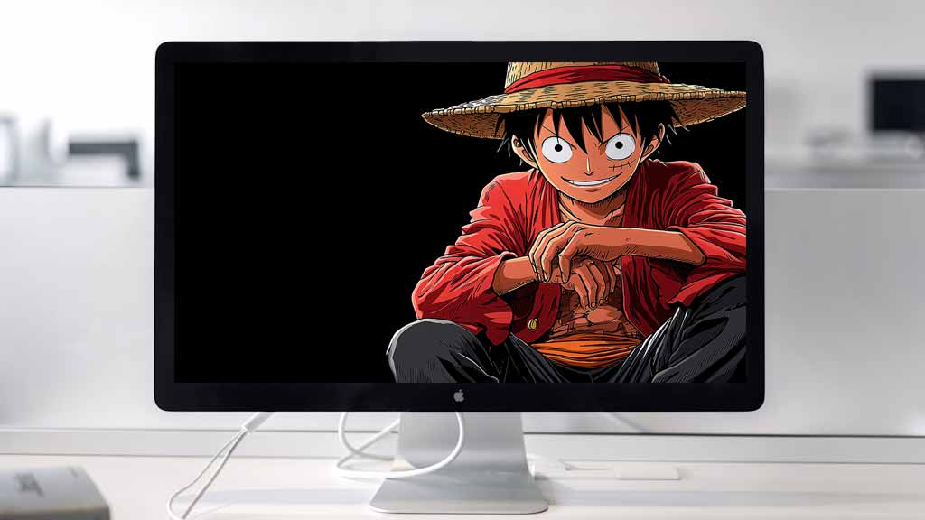 Monkey D. Luffy pose classique 4k avec chapeau de paille et veste rouge de l'anime One Piece en fond d'écran HD gratuit pour pc & mobile et iphone