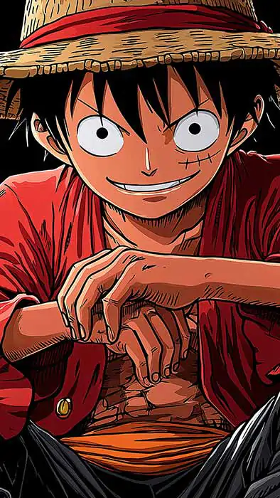 Monkey D. Luffy pose classique 4k avec chapeau de paille et veste rouge de l'anime One Piece en fond d'écran HD gratuit pour pc & mobile et iphone