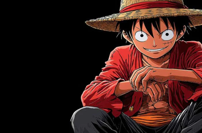 Monkey D. Luffy pose classique 4k avec chapeau de paille et veste rouge de l'anime One Piece en fond d'écran HD gratuit pour pc & mobile et iphone