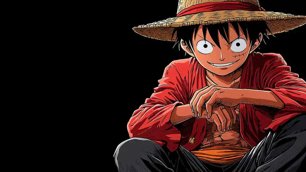 Monkey D. Luffy pose classique 4k avec chapeau de paille et veste rouge de l'anime One Piece en fond d'écran HD gratuit pour pc & mobile et iphone