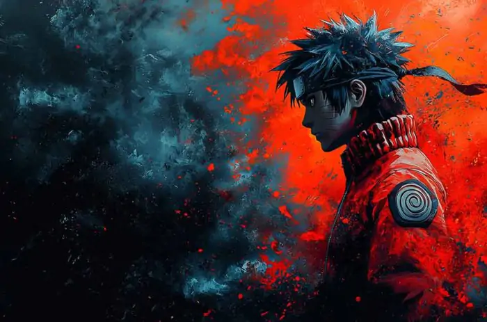 Fond d'écran d'art abstrait Naruto 4K sur fond d'orage rouge et bleu, illustration anime Ultra HD gratuite à télécharger pour PC et mobile