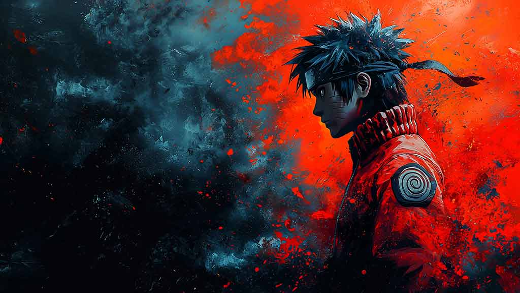 Fond d'écran d'art abstrait Naruto 4K sur fond d'orage rouge et bleu, illustration anime Ultra HD gratuite à télécharger pour PC et mobile