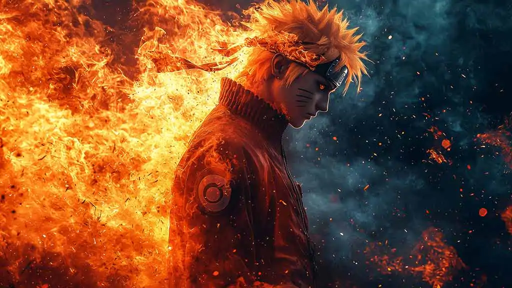 Fond d'écran Naruto 4k ninja entouré de flammes intenses arrière-plan anime Ultra HD gratuit à télécharger pour ordinateur et téléphone portable