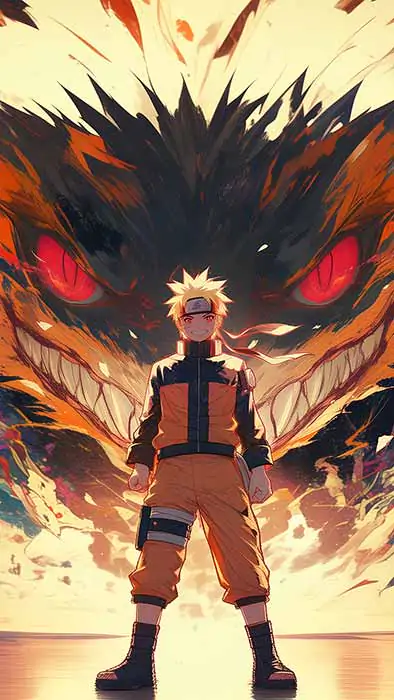 Naruto et Kurama renard à neuf queues fond d'écran 4k ninja debout devant l'esprit du renard aux yeux rouges fond Ultra HD, téléchargement gratuit pour ordinateur de bureau et téléphone portable