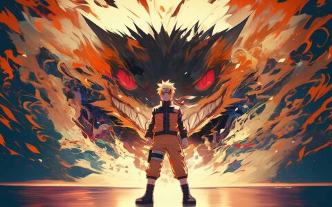 Naruto and Nine-Tails Kurama wallpaper 4k ninja standing before fox spirit with red eyes Ultra HD background, free download for desktop and mobile phone