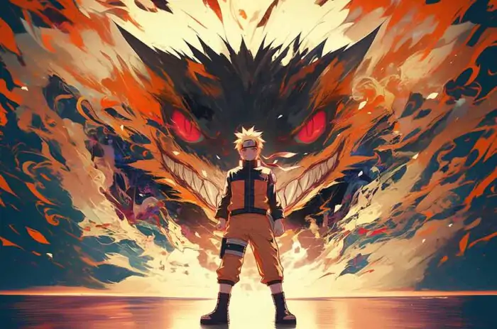 Naruto et Kurama renard à neuf queues fond d'écran 4k ninja debout devant l'esprit du renard aux yeux rouges fond Ultra HD, téléchargement gratuit pour ordinateur de bureau et téléphone portable