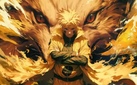 Naruto standing before Nine-Tails Kurama fox beast wallpaper 4k Epic background in Ultra HD resolution free download for Pc & Mobile