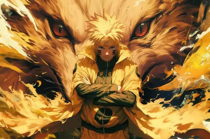 Naruto standing before Nine-Tails Kurama fox beast wallpaper 4k Epic background in Ultra HD resolution free download for Pc & Mobile