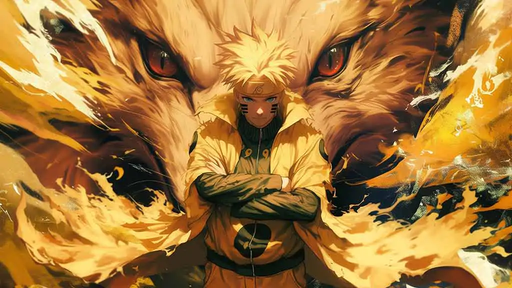 Naruto standing before Nine-Tails Kurama fox beast wallpaper 4k Epic background in Ultra HD resolution free download for Pc & Mobile