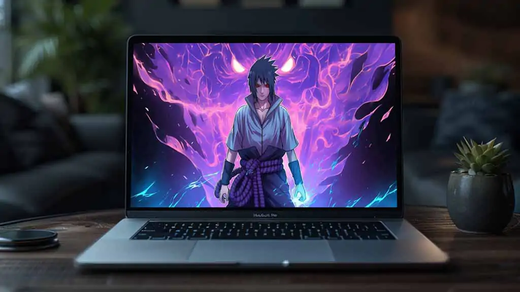 Sasuke Susanoo power 4K wallpaper featuring purple energy soldier Free Ultra HD anime background for desktop & mobile phone