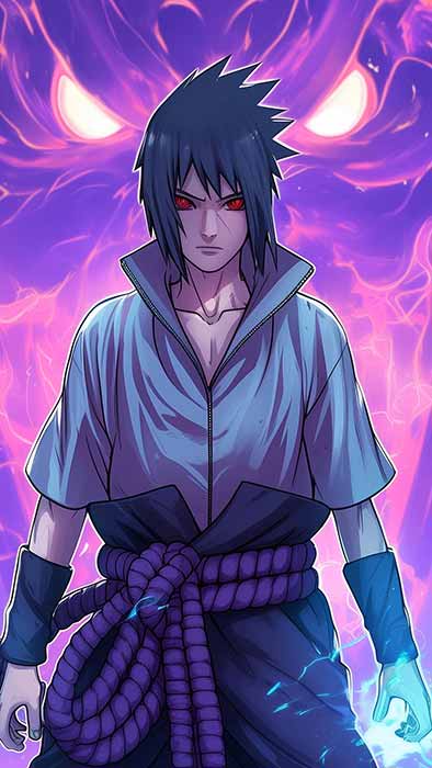 Fond d'écran 4K de puissance de Sasuke Susanoo avec un soldat d'énergie violet Fond d'écran d'anime Ultra HD gratuit pour ordinateur de bureau et téléphone portable