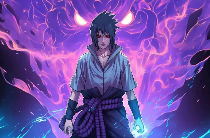 Fond d'écran 4K de puissance de Sasuke Susanoo avec un soldat d'énergie violet Fond d'écran d'anime Ultra HD gratuit pour ordinateur de bureau et téléphone portable