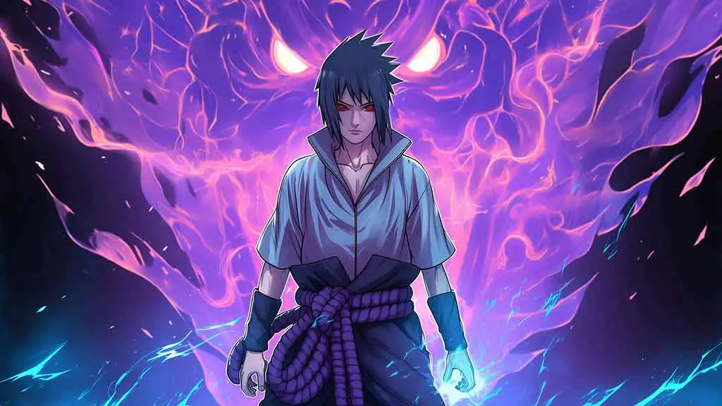 Fond d'écran 4K de puissance de Sasuke Susanoo avec un soldat d'énergie violet Fond d'écran d'anime Ultra HD gratuit pour ordinateur de bureau et téléphone portable