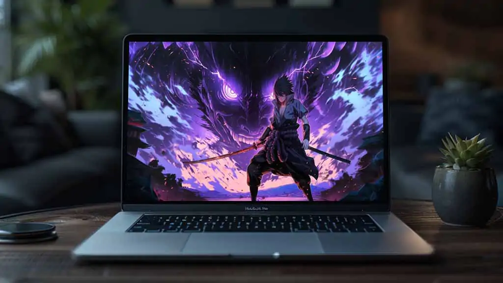 Fond d'écran 4K de combat Sasuke Susanoo avec soldat d'énergie violette. Arrière-plan anime Ultra HD gratuit pour ordinateur et téléphone portable