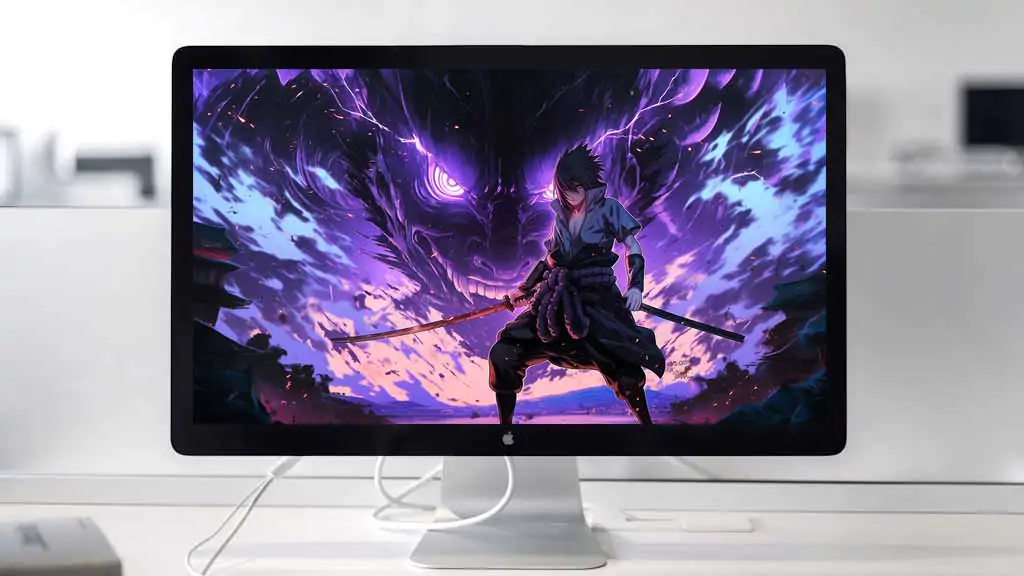 Fond d'écran 4K de combat Sasuke Susanoo avec soldat d'énergie violette. Arrière-plan anime Ultra HD gratuit pour ordinateur et téléphone portable