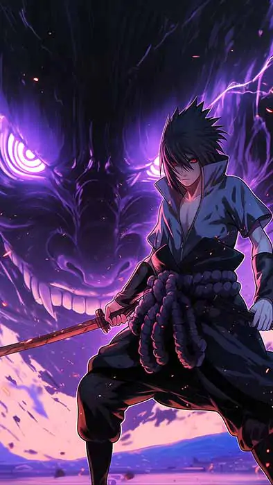 Fond d'écran 4K de combat Sasuke Susanoo avec soldat d'énergie violette. Arrière-plan anime Ultra HD gratuit pour ordinateur et téléphone portable