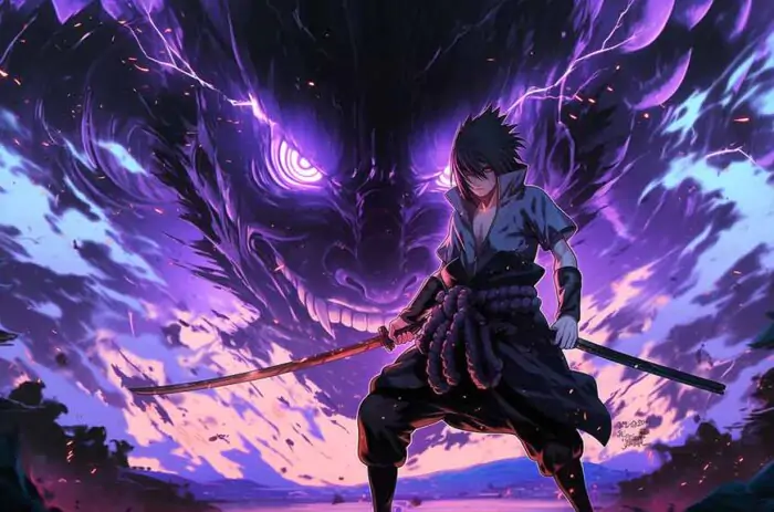 Fond d'écran 4K de combat Sasuke Susanoo avec soldat d'énergie violette. Arrière-plan anime Ultra HD gratuit pour ordinateur et téléphone portable