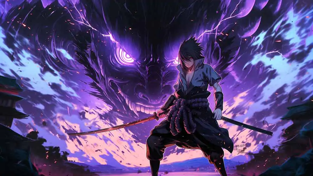 Fond d'écran 4K de combat Sasuke Susanoo avec soldat d'énergie violette. Arrière-plan anime Ultra HD gratuit pour ordinateur et téléphone portable