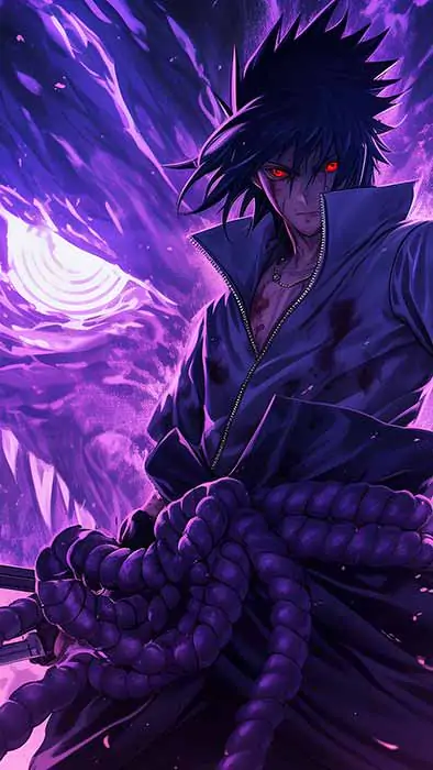 Fond d'écran Sasuke Susanoo 4K avec un soldat d'énergie violet Fond d'écran animé Ultra HD gratuit pour ordinateur de bureau et téléphone portable