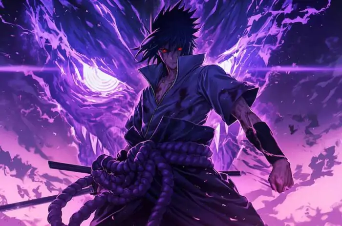 Fond d'écran Sasuke Susanoo 4K avec un soldat d'énergie violet Fond d'écran animé Ultra HD gratuit pour ordinateur de bureau et téléphone portable