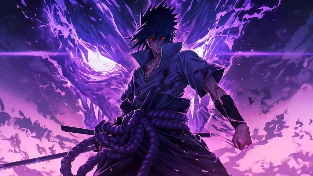 Fond d'écran Sasuke Susanoo 4K avec un soldat d'énergie violet Fond d'écran animé Ultra HD gratuit pour ordinateur de bureau et téléphone portable