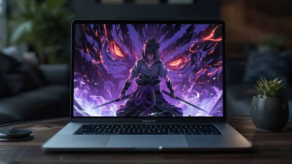 Fond d'écran 4K du combat de Sasuke Susanoo avec un guerrier d'énergie violette. Arrière-plan d'anime Ultra HD gratuit pour ordinateur et téléphone portable