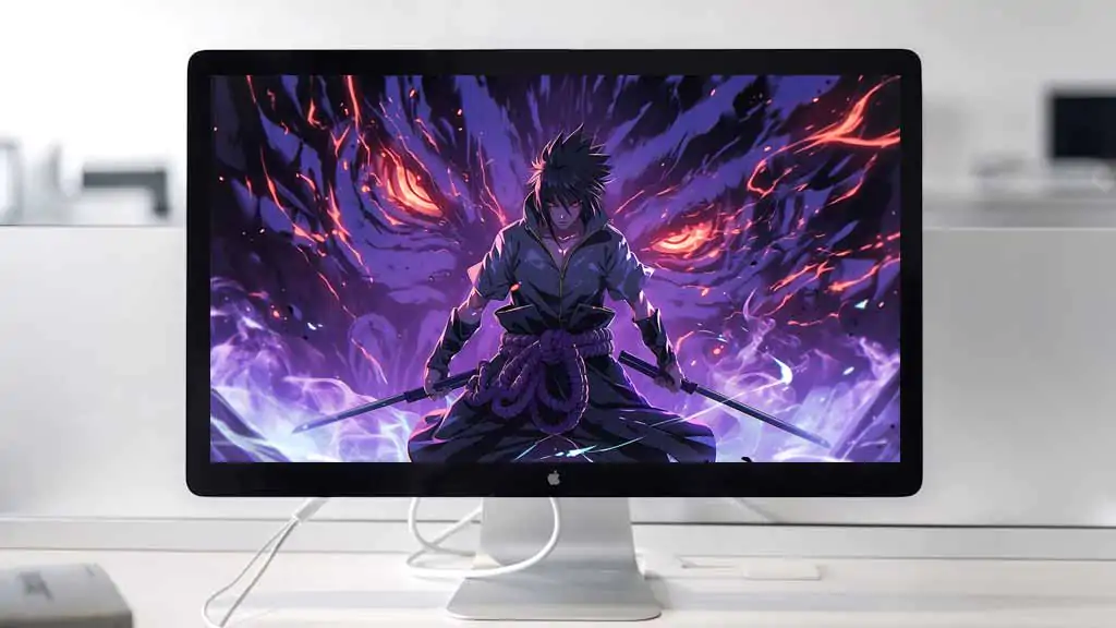 Fond d'écran 4K du combat de Sasuke Susanoo avec un guerrier d'énergie violette. Arrière-plan d'anime Ultra HD gratuit pour ordinateur et téléphone portable