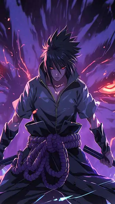 Fond d'écran 4K du combat de Sasuke Susanoo avec un guerrier d'énergie violette. Arrière-plan d'anime Ultra HD gratuit pour ordinateur et téléphone portable