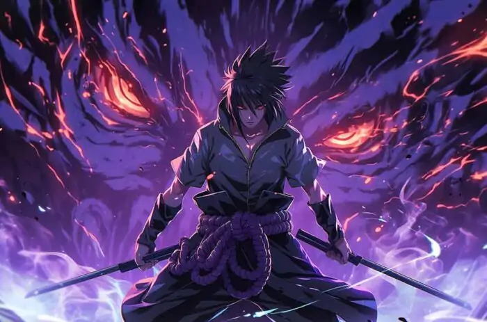 Fond d'écran 4K du combat de Sasuke Susanoo avec un guerrier d'énergie violette. Arrière-plan d'anime Ultra HD gratuit pour ordinateur et téléphone portable