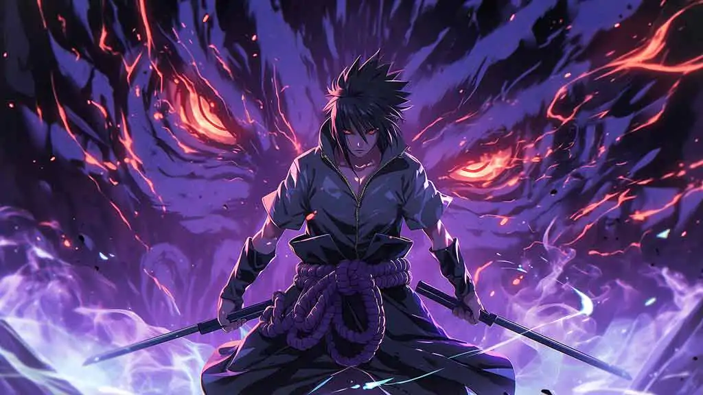 Fond d'écran 4K du combat de Sasuke Susanoo avec un guerrier d'énergie violette. Arrière-plan d'anime Ultra HD gratuit pour ordinateur et téléphone portable