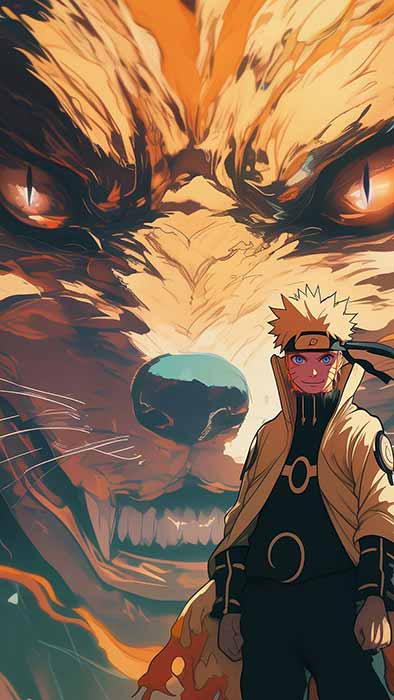 Naruto debout devant le démon renard Kurama à neuf queues fond d'écran 4k en résolution Ultra HD téléchargement gratuit pour PC et mobile