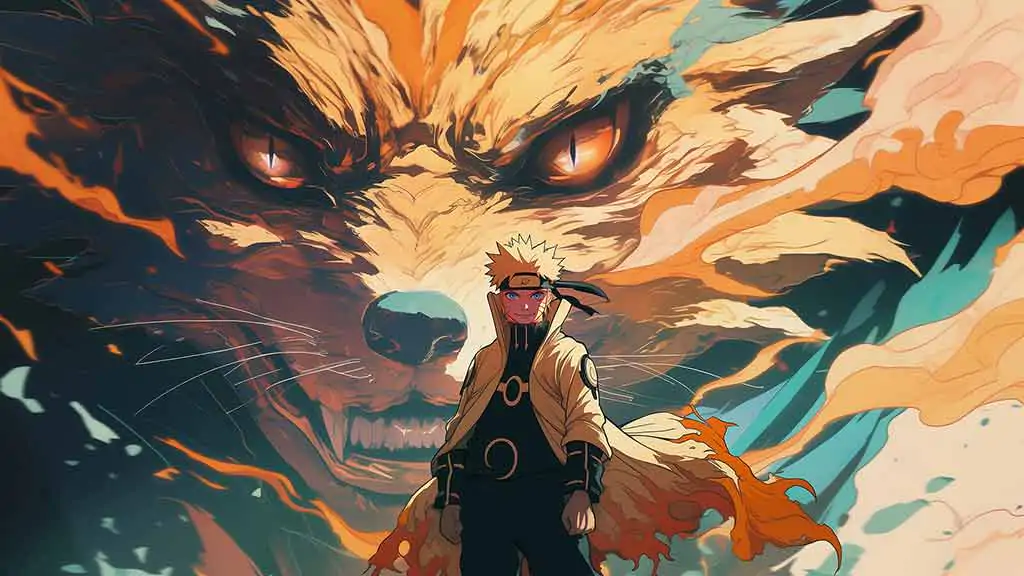 Naruto standing before Nine-Tails Kurama fox demon wallpaper 4k background in Ultra HD resolution free download for Pc & Mobile