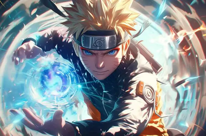 Naruto Uzumaki Rasengan 4K fond d'écran avec des effets de chakra abstraits en arrière-plan en résolution Ultra HD téléchargement gratuit pour PC et mobile