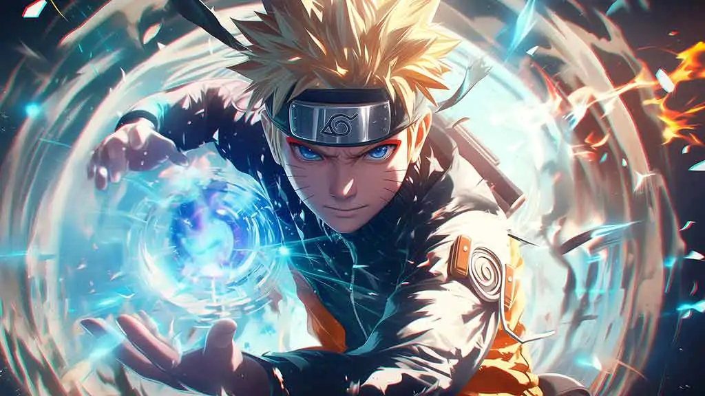 Naruto Uzumaki Rasengan 4K wallpaper with abstract chakra effects background in Ultra HD resolution free download for Pc & Mobile