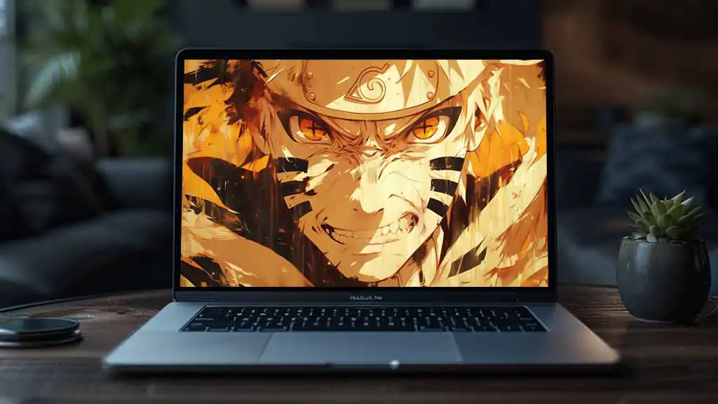 Fond d'écran Naruto en gros plan 4k, yeux orange intenses, mode rage dans des tons or et noir dramatiques. Fond d'écran HD gratuit pour PC et mobile