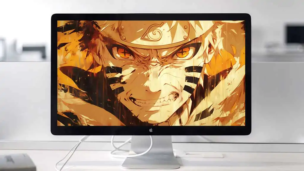 Fond d'écran Naruto en gros plan 4k, yeux orange intenses, mode rage dans des tons or et noir dramatiques. Fond d'écran HD gratuit pour PC et mobile