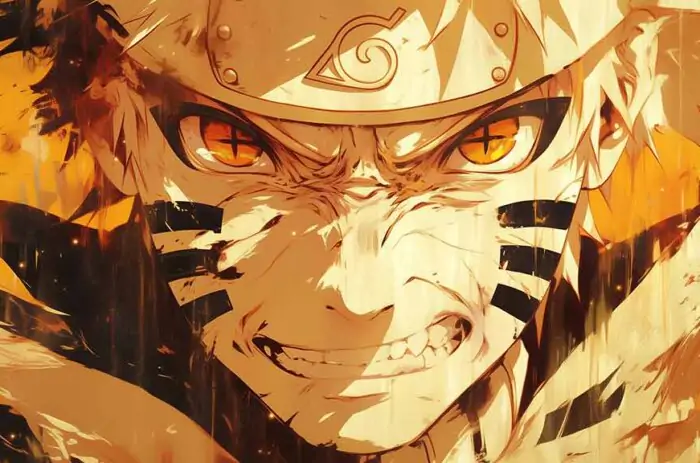 Fond d'écran Naruto en gros plan 4k, yeux orange intenses, mode rage dans des tons or et noir dramatiques. Fond d'écran HD gratuit pour PC et mobile