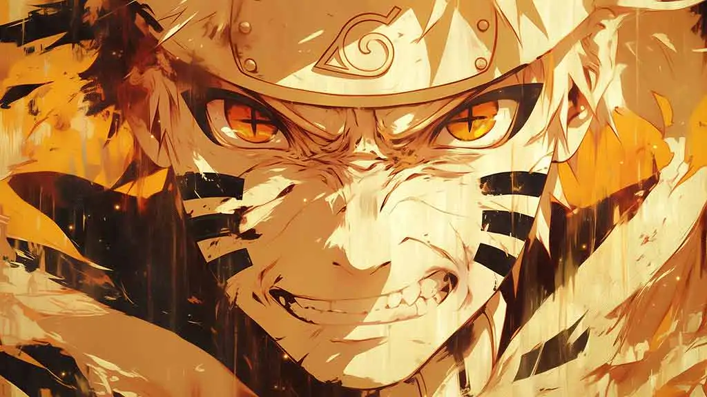 Fond d'écran Naruto en gros plan 4k, yeux orange intenses, mode rage dans des tons or et noir dramatiques. Fond d'écran HD gratuit pour PC et mobile