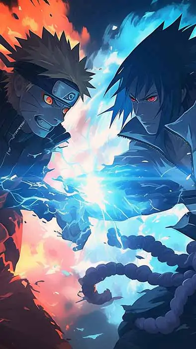 Naruto vs Sasuke wallpaper 4k epic battle clash with orange and blue chakra Ultra HD background, free download for desktop and mobile phone