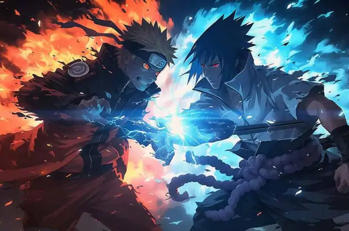 Naruto vs Sasuke wallpaper 4k epic battle clash with orange and blue chakra Ultra HD background, free download for desktop and mobile phone