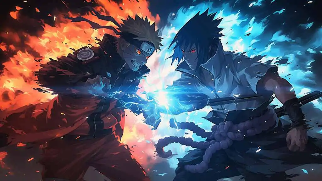 Fond d'écran Naruto vs Sasuke 4k bataille épique affrontement avec chakra orange et bleu fond Ultra HD, téléchargement gratuit pour ordinateur de bureau et téléphone portable