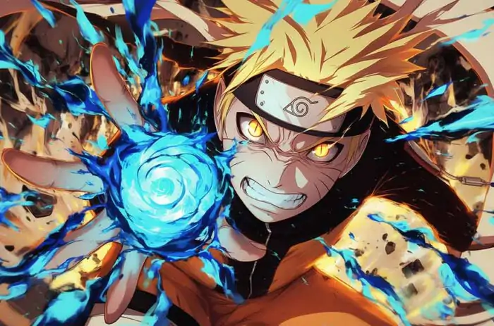 Fond d'écran Epic Naruto Uzumaki Rasengan 4K avec des effets de chakra abstraits en arrière-plan en résolution Ultra HD téléchargement gratuit pour PC et mobile