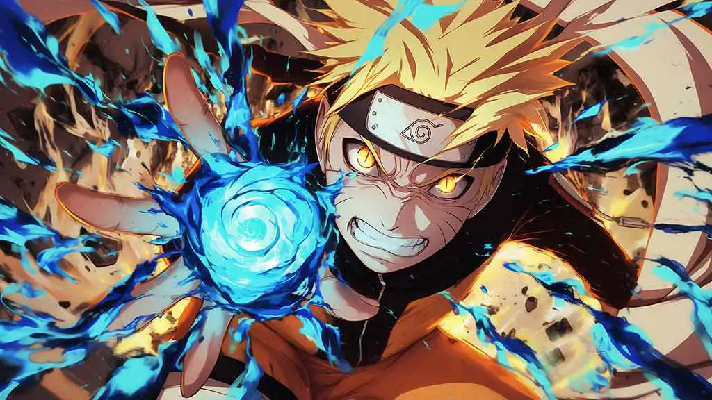 Fond d'écran Epic Naruto Uzumaki Rasengan 4K avec des effets de chakra abstraits en arrière-plan en résolution Ultra HD téléchargement gratuit pour PC et mobile