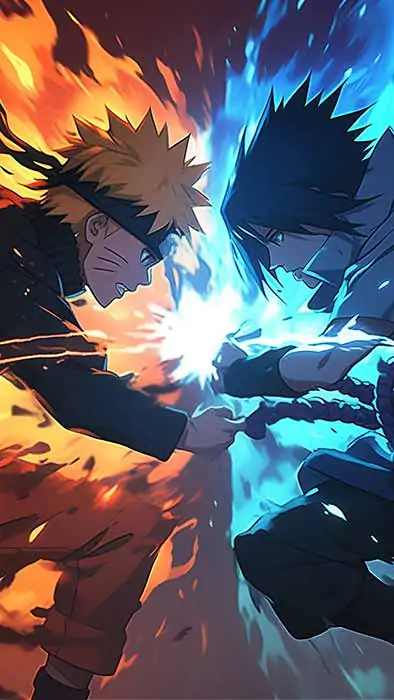 Fond d'écran de bataille épique Naruto vs Sasuke 4k montrant une collision de chakra orange et bleu, une scène de combat d'anime dramatique Téléchargement gratuit pour ordinateur de bureau et mobile