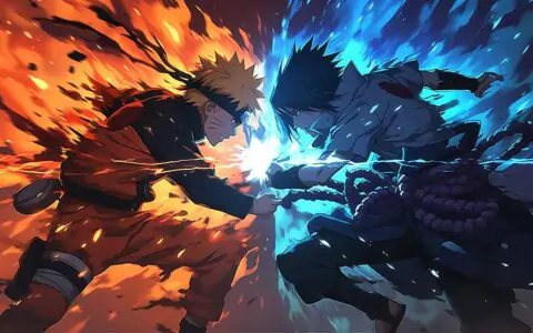 Naruto vs Sasuke epic battle wallpaper 4k showing orange and blue chakra collision, dramatic anime fight scene Free download for desktop & mobile