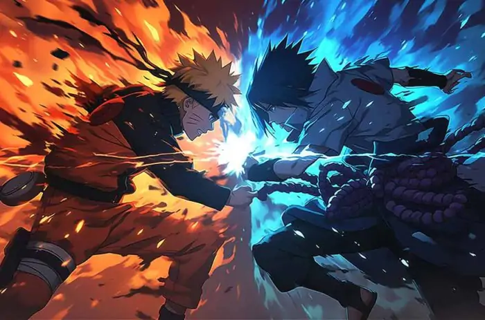 Fond d'écran de bataille épique Naruto vs Sasuke 4k montrant une collision de chakra orange et bleu, une scène de combat d'anime dramatique Téléchargement gratuit pour ordinateur de bureau et mobile