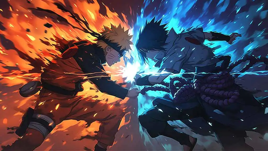 Fond d'écran de bataille épique Naruto vs Sasuke 4k montrant une collision de chakra orange et bleu, une scène de combat d'anime dramatique Téléchargement gratuit pour ordinateur de bureau et mobile