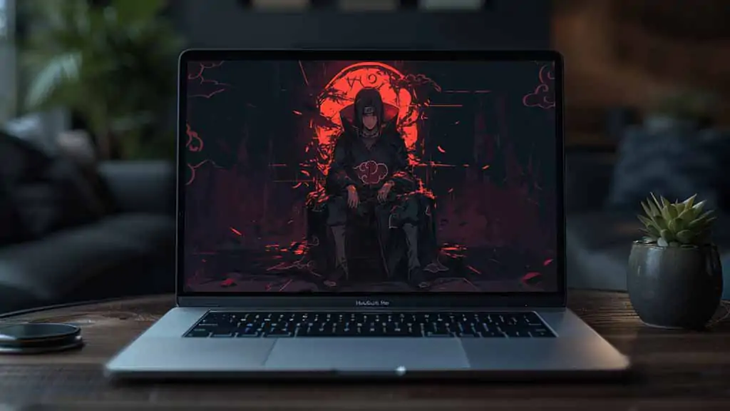 Itachi Uchiha wallpaper 4k showing Akatsuki member seated on dark throne with red moon HD background free download for Pc & mobile